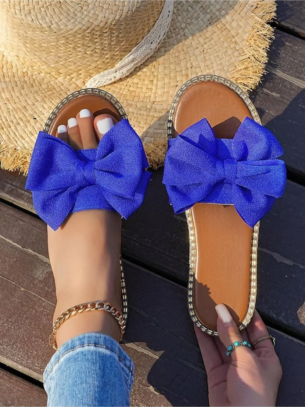 Women's Royal Blue Leather Bow Knot Slides Open Toe Flat Summer Slip On Sandals